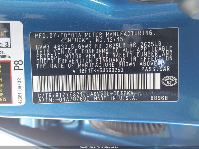 Aukcja sprzedaży 2016 Toyota Camry Se, vin: 4T1BF1FK4GU560253, numer aukcji: 45127489