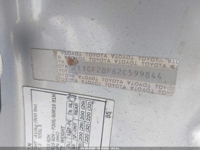 45127500 :رقم المزاد ، 2T1CF28P62C599844 vin ، 2002 Toyota Camry Solara Sle V6 مزاد بيع