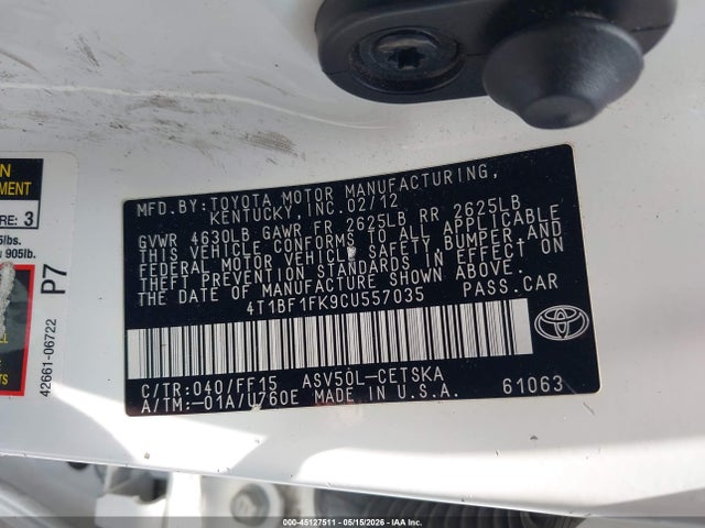 45127511 :رقم المزاد ، 4T1BF1FK9CU557035 vin ، 2012 Toyota Camry Se مزاد بيع