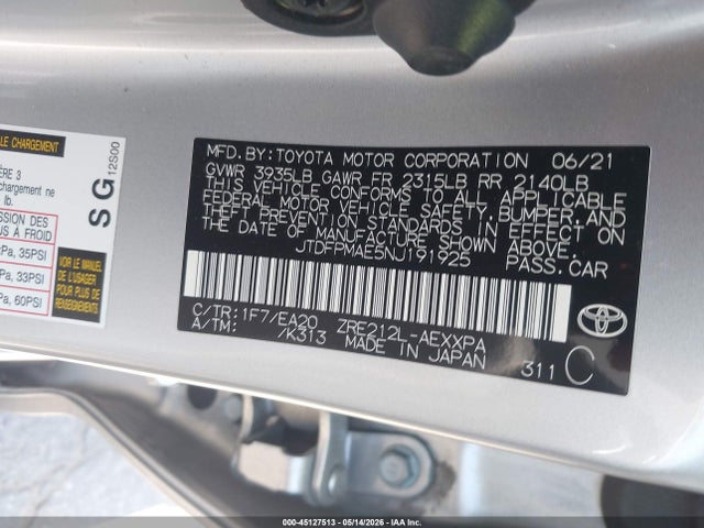 45127513 :رقم المزاد ، JTDFPMAE5NJ191925 vin ، 2022 Toyota Corolla Xle مزاد بيع