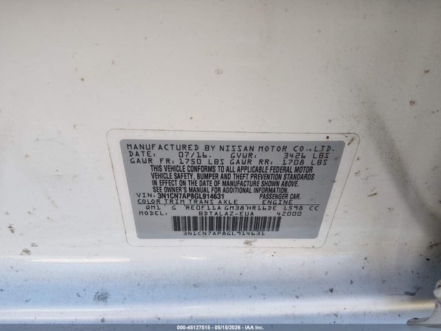 Aukcja sprzedaży 2016 Nissan Versa 1.6 S+, vin: 3N1CN7AP8GL914631, numer aukcji: 45127515