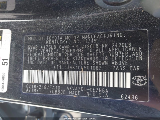 Продаж на аукціоні авто 2020 Toyota Camry Le, vin: 4T1L11AK4LU901087, номер лоту: 45127524