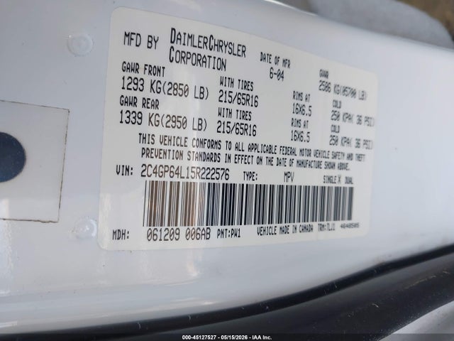 Продажа на аукционе авто 2005 Chrysler Town & Country Limited, vin: 2C4GP64L15R222576, номер лота: 45127527