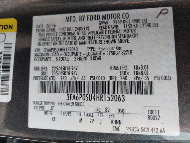 45127530 :رقم المزاد ، 3FA6P0SU4HR152063 vin ، 2017 Ford Fusion Energi Titanium مزاد بيع