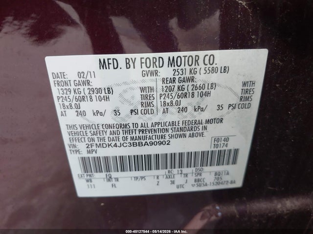 45127544 :رقم المزاد ، 2FMDK4JC3BBA90902 vin ، 2011 Ford Edge Sel مزاد بيع