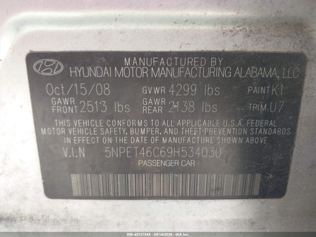 Aukcja sprzedaży 2009 Hyundai Sonata Gls, vin: 5NPET46C69H534030, numer aukcji: 45127545