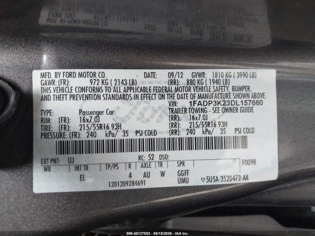 Aukcja sprzedaży 2013 Ford Focus Se, vin: 1FADP3K23DL157660, numer aukcji: 45127552