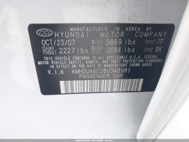 Aukcja sprzedaży 2008 Hyundai Elantra Gls/se, vin: KMHDU46D38U348981, numer aukcji: 45127553