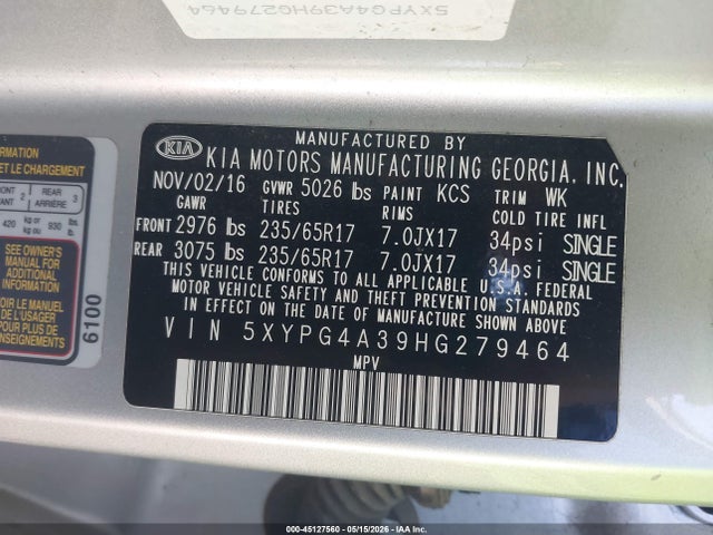 45127560 :رقم المزاد ، 5XYPG4A39HG279464 vin ، 2017 Kia Sorento 2.4l Lx مزاد بيع