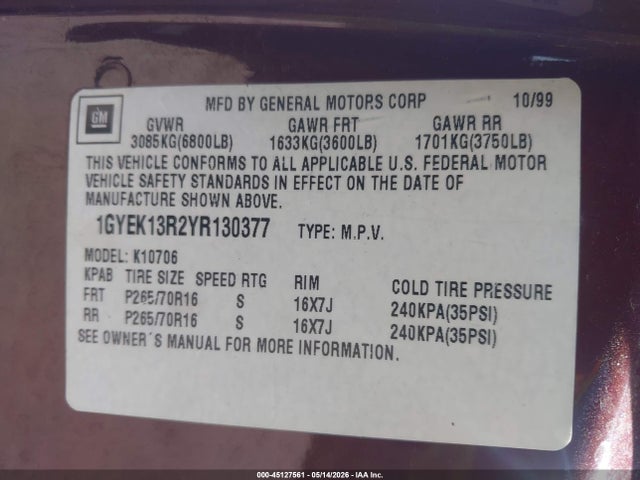 2000 Cadillac Escalade Standard მანქანა იყიდება აუქციონზე, vin: 1GYEK13R2YR130377, აუქციონის ნომერი: 45127561