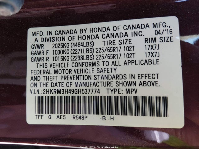 2016 Honda Cr-v Se მანქანა იყიდება აუქციონზე, vin: 2HKRM3H49GH537774, აუქციონის ნომერი: 45127570