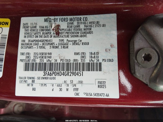 Ford FUSION SE 2016 3FA6P0HD4GR290451 Image 9