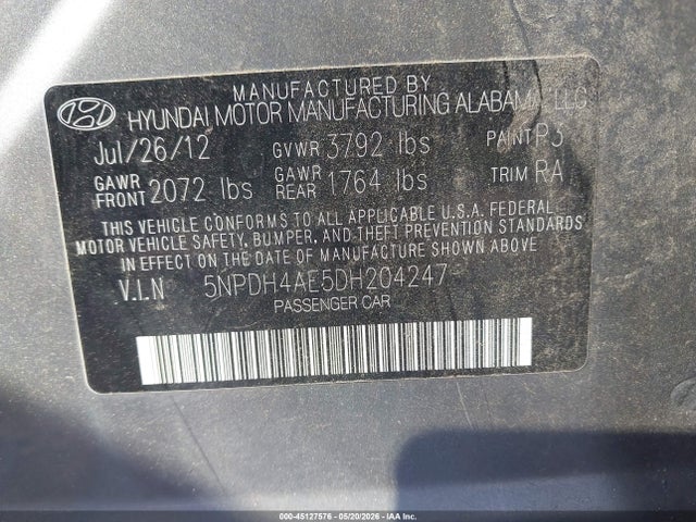 45127576 :رقم المزاد ، 5NPDH4AE5DH204247 vin ، 2013 Hyundai Elantra Limited مزاد بيع