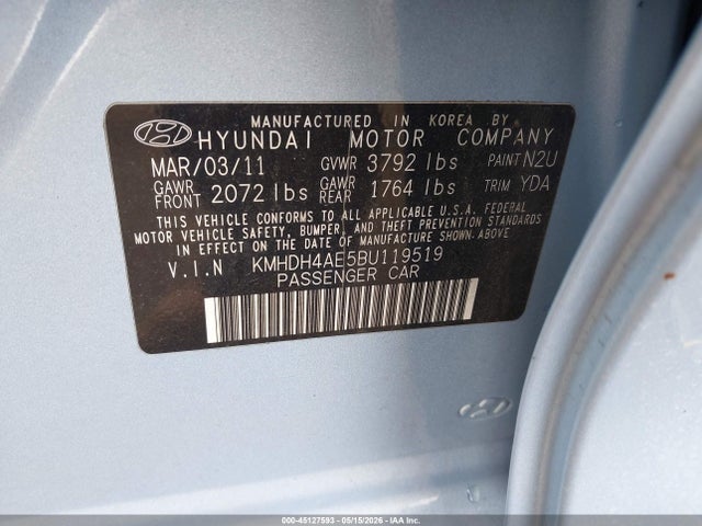 2011 Hyundai Elantra Limited (ulsan Plant) მანქანა იყიდება აუქციონზე, vin: KMHDH4AE5BU119519, აუქციონის ნომერი: 45127593