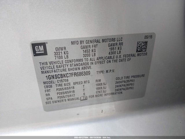Продаж на аукціоні авто 2015 Chevrolet Tahoe Lt, vin: 1GNSCBKC7FR686309, номер лоту: 45127594