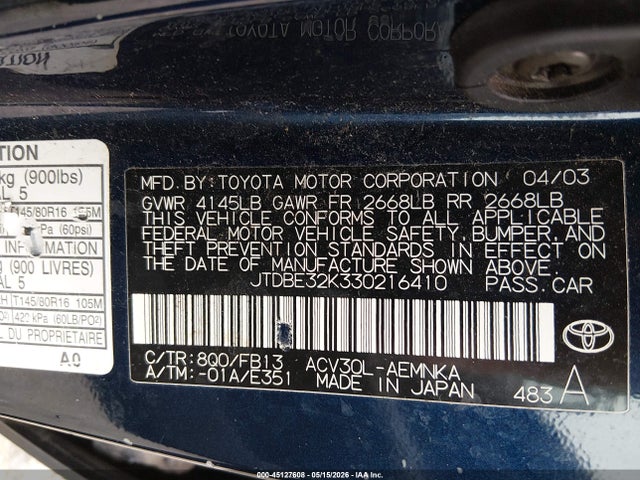 2003 Toyota Camry Le მანქანა იყიდება აუქციონზე, vin: JTDBE32K330216410, აუქციონის ნომერი: 45127608