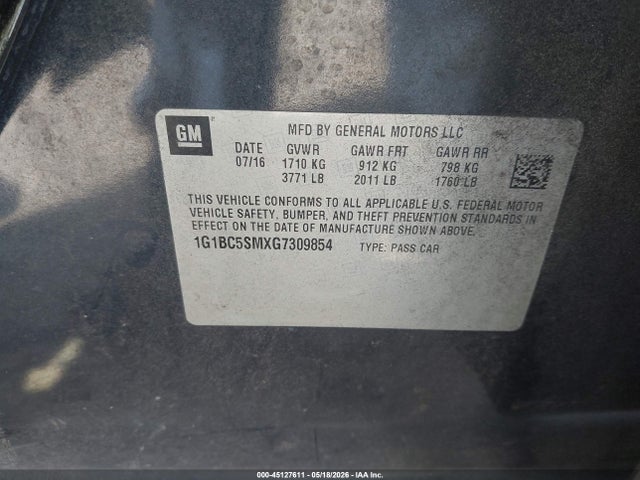 Aukcja sprzedaży 2016 Chevrolet Cruze Ls Auto, vin: 1G1BC5SMXG7309854, numer aukcji: 45127611