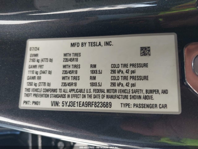 Продажа на аукционе авто 2024 Tesla Model 3 Long Range Dual Motor All-wheel Drive/rear-wheel Drive, vin: 5YJ3E1EA9RF823689, номер лота: 45127632