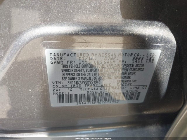 Aukcja sprzedaży 2016 Nissan Sentra Sv, vin: 3N1AB7AP9GY221943, numer aukcji: 45127635