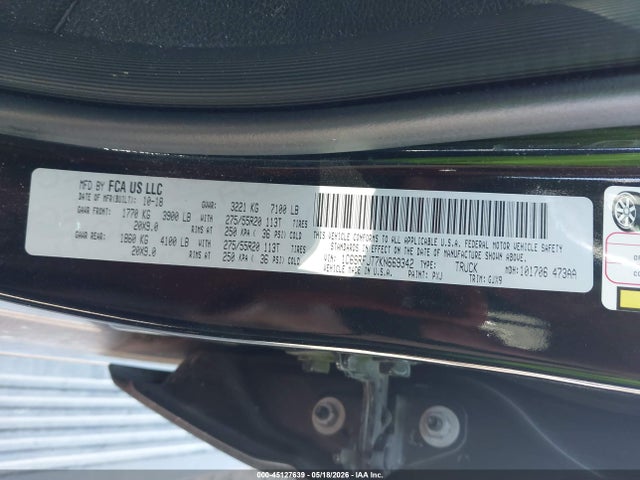 45127639 :رقم المزاد ، 1C6SRFJT7KN669342 vin ، 2019 Ram 1500 Laramie  4x4 5'7 Box مزاد بيع
