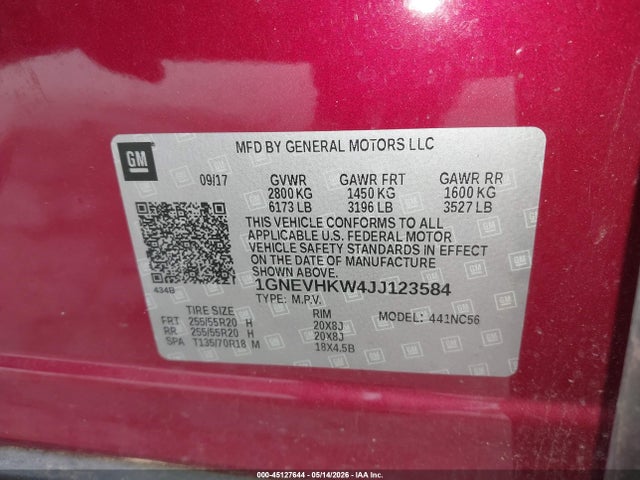 Aukcja sprzedaży 2018 Chevrolet Traverse 3lt, vin: 1GNEVHKW4JJ123584, numer aukcji: 45127644