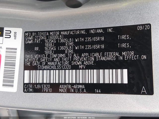 2020 Toyota Highlander Hybrid Xle მანქანა იყიდება აუქციონზე, vin: 5TDHBRCH0LS513320, აუქციონის ნომერი: 45127649