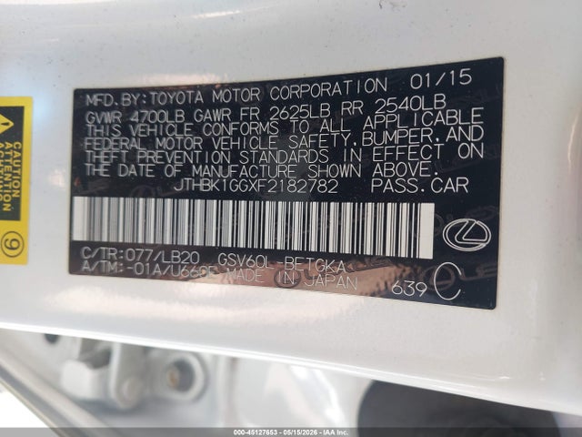 45127653 :رقم المزاد ، JTHBK1GGXF2182782 vin ، 2015 Lexus Es 350 مزاد بيع