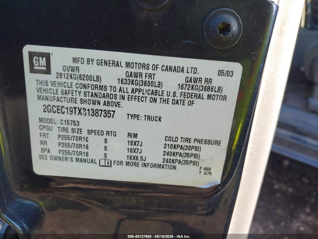 Aukcja sprzedaży 2003 Chevrolet Silverado 1500 Ls, vin: 2GCEC19TX31387357, numer aukcji: 45127665