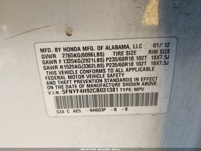 Aukcja sprzedaży 2012 Honda Pilot Touring, vin: 5FNYF4H92CB031381, numer aukcji: 45127669