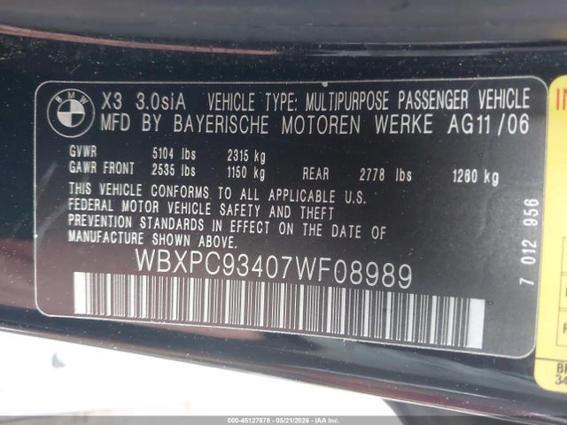 45127678 :رقم المزاد ، WBXPC93407WF08989 vin ، 2007 Bmw X3 3.0si مزاد بيع