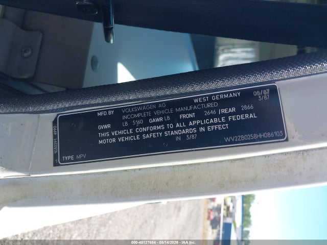 Aukcja sprzedaży 1987 Volkswagen Vanagon Campmobile, vin: WV2ZB0258HH086103, numer aukcji: 45127684