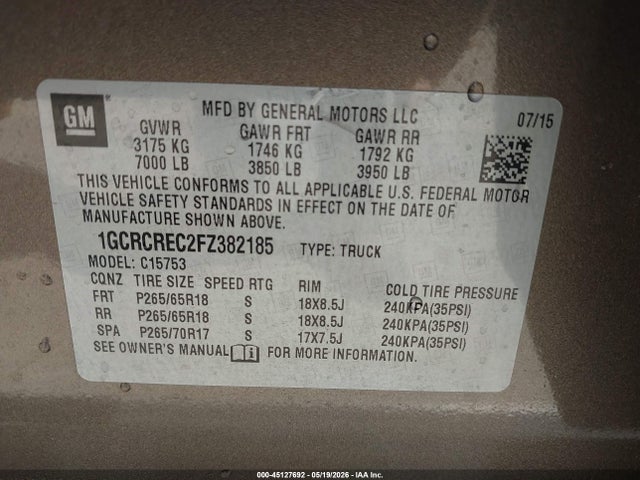 2015 Chevrolet Silverado 1500 1lt მანქანა იყიდება აუქციონზე, vin: 1GCRCREC2FZ382185, აუქციონის ნომერი: 45127692