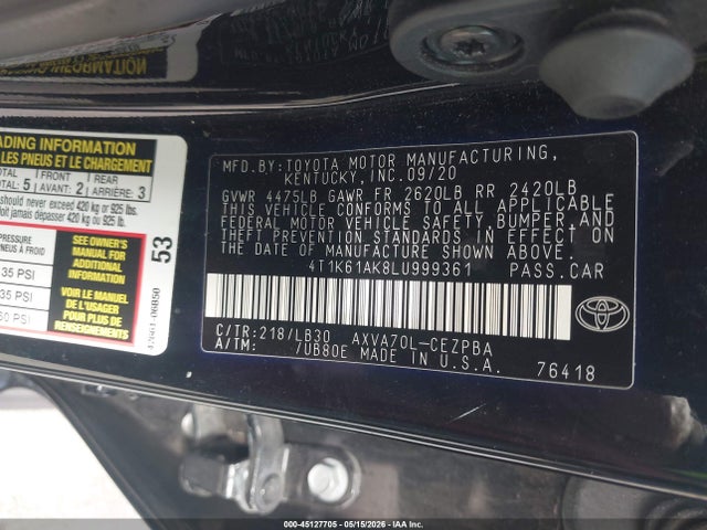 2020 Toyota Camry Xse მანქანა იყიდება აუქციონზე, vin: 4T1K61AK8LU999361, აუქციონის ნომერი: 45127705