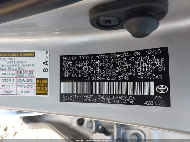 Aukcja sprzedaży 2025 Toyota Corolla Hybrid Le, vin: JTDBDMHE3SJ013746, numer aukcji: 45127710