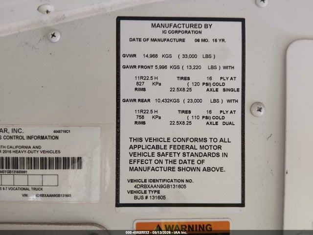 Продаж на аукціоні авто 2016 Ic Corporation 3000 Re, vin: 4DRBXAAN9GB131605, номер лоту: 45127712