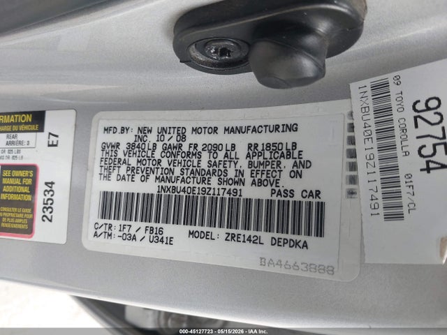 2009 Toyota Corolla Le მანქანა იყიდება აუქციონზე, vin: 1NXBU40E19Z117491, აუქციონის ნომერი: 45127723
