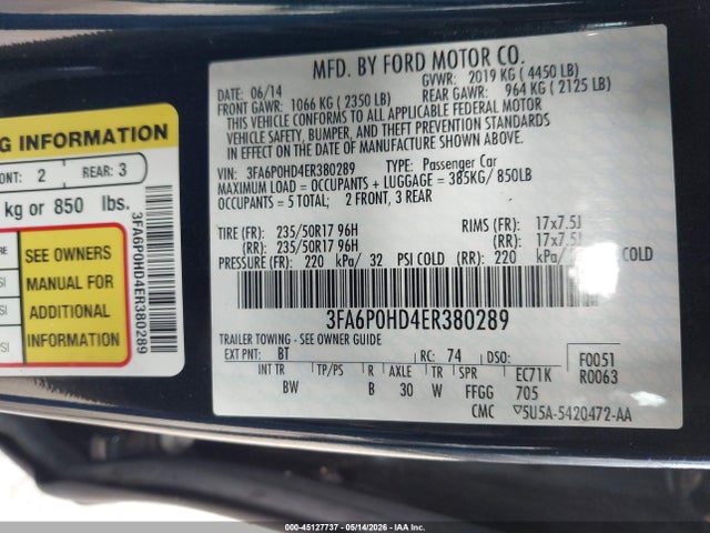 Ford FUSION SE 2014 3FA6P0HD4ER380289 Image 9