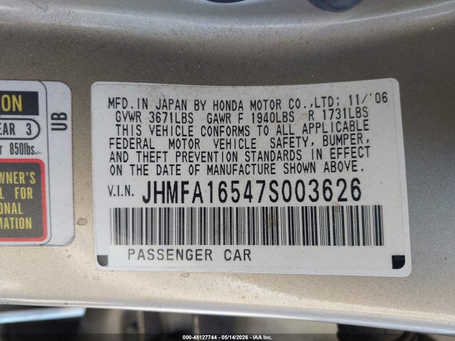 Продаж на аукціоні авто 2007 Honda Civic Lx, vin: JHMFA16547S003626, номер лоту: 45127744