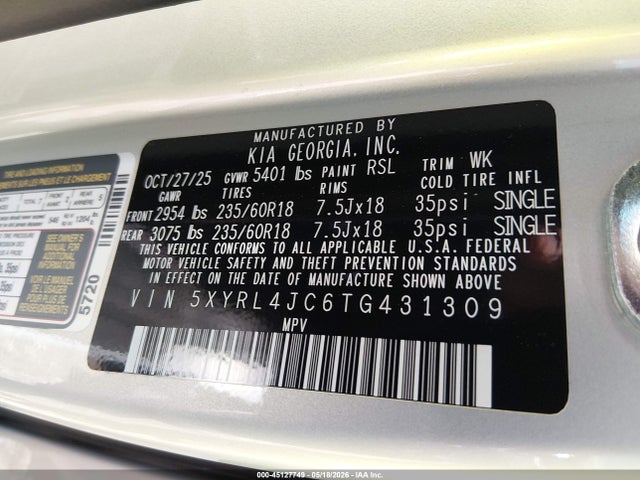 Aukcja sprzedaży 2026 Kia Sorento S, vin: 5XYRL4JC6TG431309, numer aukcji: 45127749