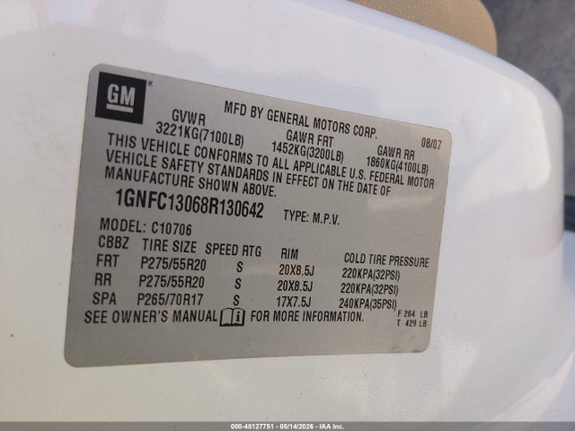 45127751 :رقم المزاد ، 1GNFC13068R130642 vin ، 2008 Chevrolet Tahoe Ltz مزاد بيع