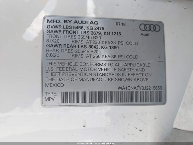 45127754 :رقم المزاد ، WA1CNAFY8J2215658 vin ، 2018 Audi Q5 2.0t Premium/2.0t Tech Premium مزاد بيع