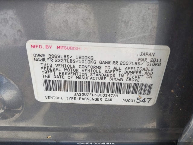 Aukcja sprzedaży 2011 Mitsubishi Lancer Es, vin: JA32U2FU5BU034738, numer aukcji: 45127758