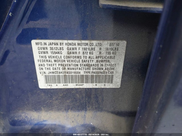 45127778 :رقم المزاد ، JHMGE8H2XAS019504 vin ، 2010 Honda Fit مزاد بيع