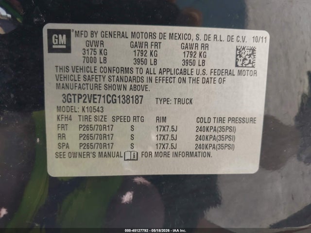 Auction sale of the 2012 Gmc Sierra 1500 Sle, vin: 3GTP2VE71CG138187, lot number: 45127792