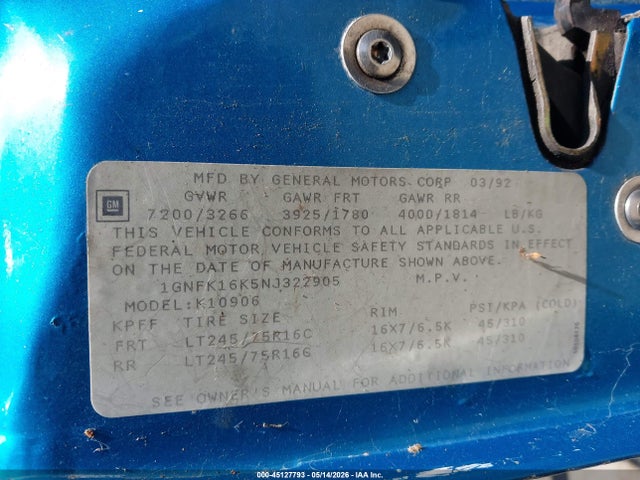 1992 Chevrolet Suburban K1500 მანქანა იყიდება აუქციონზე, vin: 1GNFK16K5NJ322905, აუქციონის ნომერი: 45127793