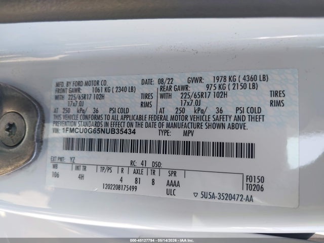 1FMCU0G65NUB35434 Ford ESCAPE SE