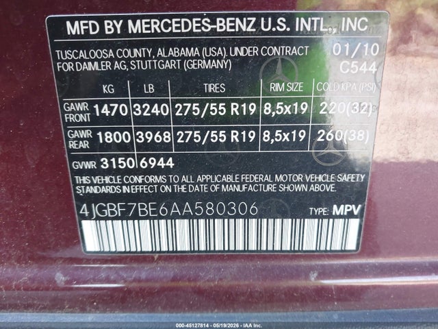 Aukcja sprzedaży 2010 Mercedes-benz Gl 450 4matic, vin: 4JGBF7BE6AA580306, numer aukcji: 45127814