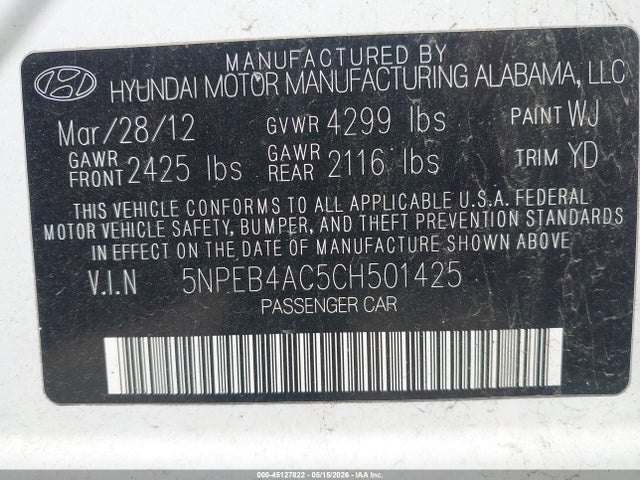 Aukcja sprzedaży 2012 Hyundai Sonata Gls, vin: 5NPEB4AC5CH501425, numer aukcji: 45127822