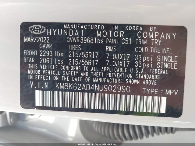 2022 Hyundai Kona Sel მანქანა იყიდება აუქციონზე, vin: KM8K62AB4NU902990, აუქციონის ნომერი: 45127824