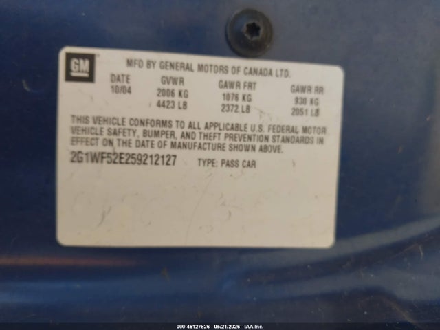 Продаж на аукціоні авто 2005 Chevrolet Impala, vin: 2G1WF52E259212127, номер лоту: 45127826